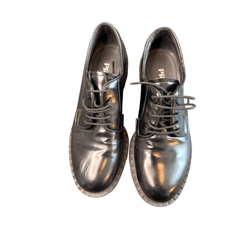Prada Black Leather Derby Oxford Shoes Women's Preppy Academia Scholarly Size 7